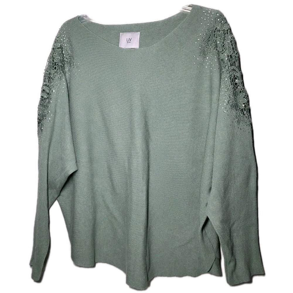 LIV Milano Sweater Blouse Womens‎ Size 2X Green Rhinestone Embellished Pullover